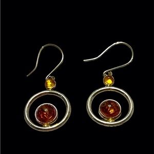 V8 925 Poland Amber Circle Design Sterling Silver Wire Earrings. Pre owned
